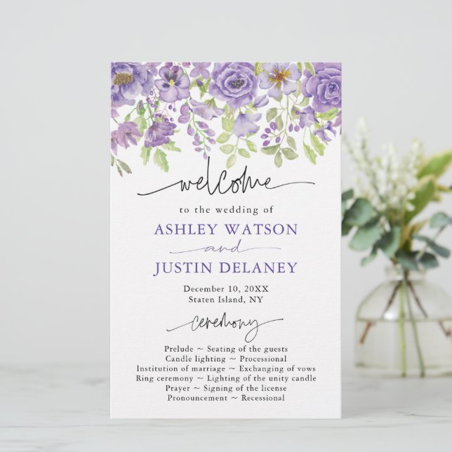 Purple dreams stylish floral Wedding Programme (Standing Front)