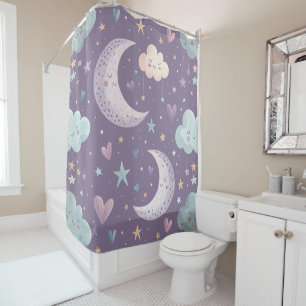 "Purple Dreamy Moon and Stars Shower Curtain" Curtain