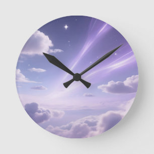 Purple Dreamy Sky Aurora Clouds Stars Round Clock