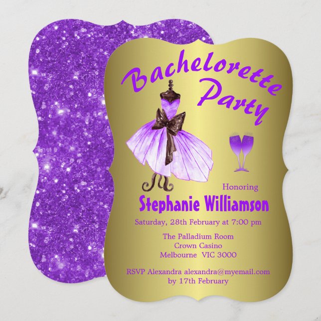 Purple Dress and Glitter Bachelorette Party  Invitation (Front/Back)