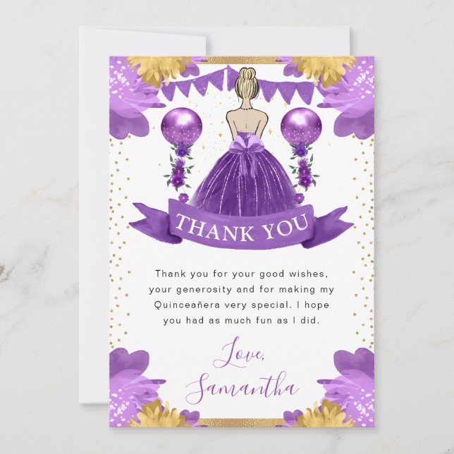 Purple Dress Blonde Princess Quinceanera Thank You Card (Front)