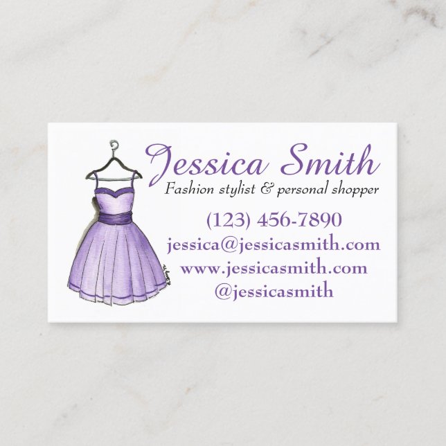 Purple Dress Boutique Fashion Shopper Stylist Business Card (Front)