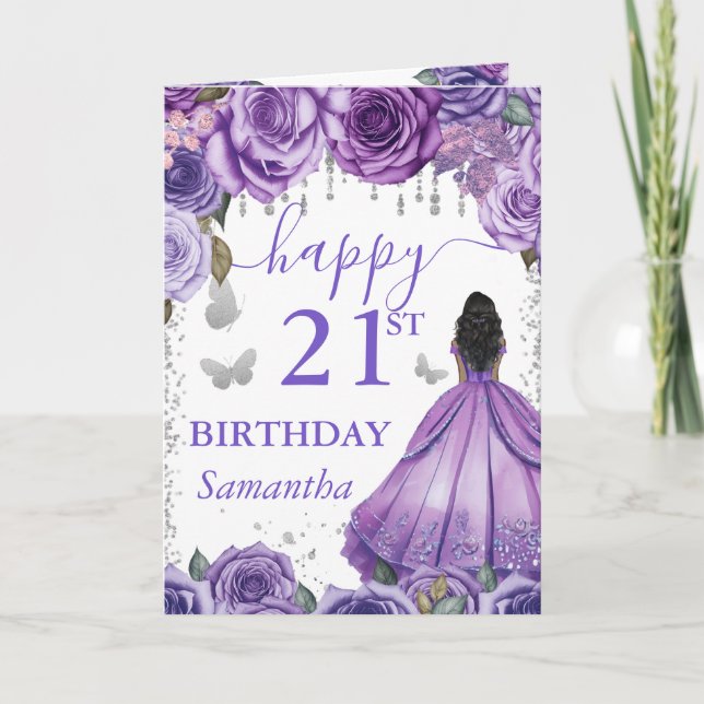 Purple Dress Dark Skin Princess Birthday Card (Front)
