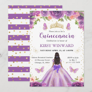 Purple Dress Dark Skin Princess Quinceanera Invitation