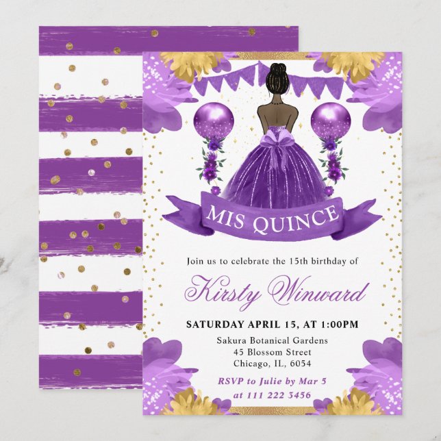 Purple Dress Dark Skin Princess Quinceanera Invitation (Front/Back)
