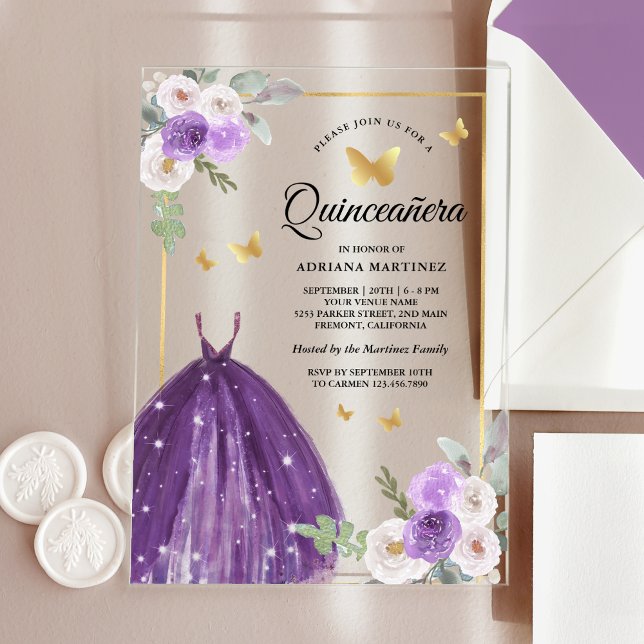 Purple Dress Floral Butterfly Gold Quinceanera Acrylic Invitations (Creator Uploaded)