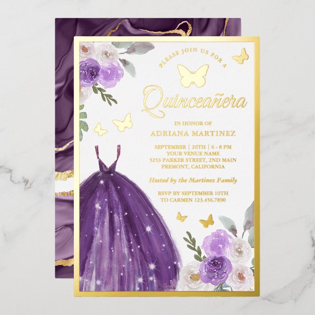 Purple Dress Floral Butterfly Quinceanera Gold (Front/Back)