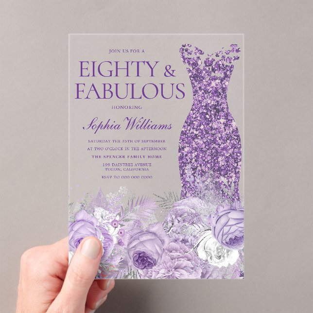 Purple Dress Floral Eighty Fabulous 80th Birthday Acrylic Invitations (Insitu (Handheld))