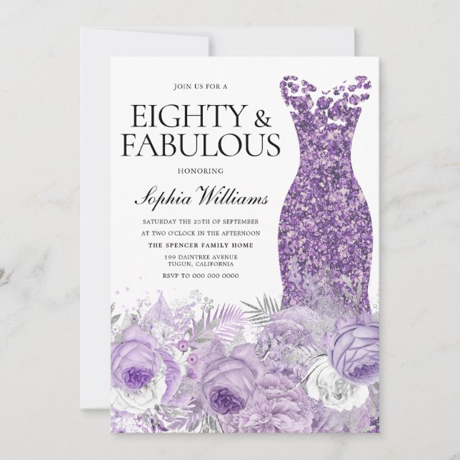 Purple Dress Floral Eighty Fabulous 80th Birthday Invitation (Front)