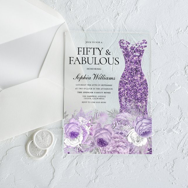 Purple Dress Floral Fifty & Fabulous 50th Birthday Acrylic Invitations (Creator Uploaded)