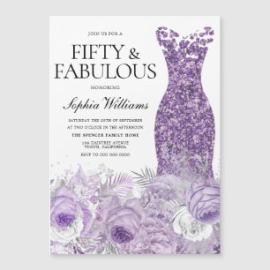 Purple Dress Floral Fifty & Fabulous 50th Birthday Magnetic Invitation