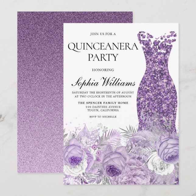 Purple Dress & Floral Quinceanera Party Invitation (Front/Back)