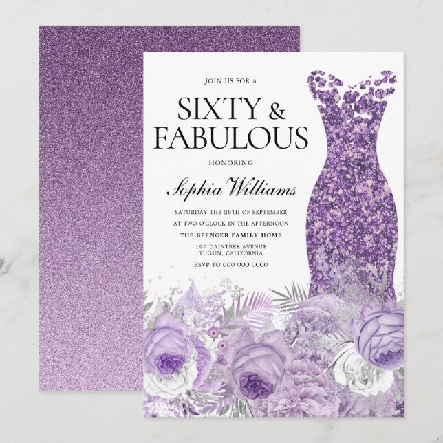 Purple Dress Floral Sixty & Fabulous 60th Birthday Invitation (Front/Back)