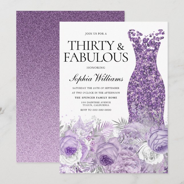 Purple Dress Floral Thirty Fabulous 30th Birthday Invitation (Front/Back)