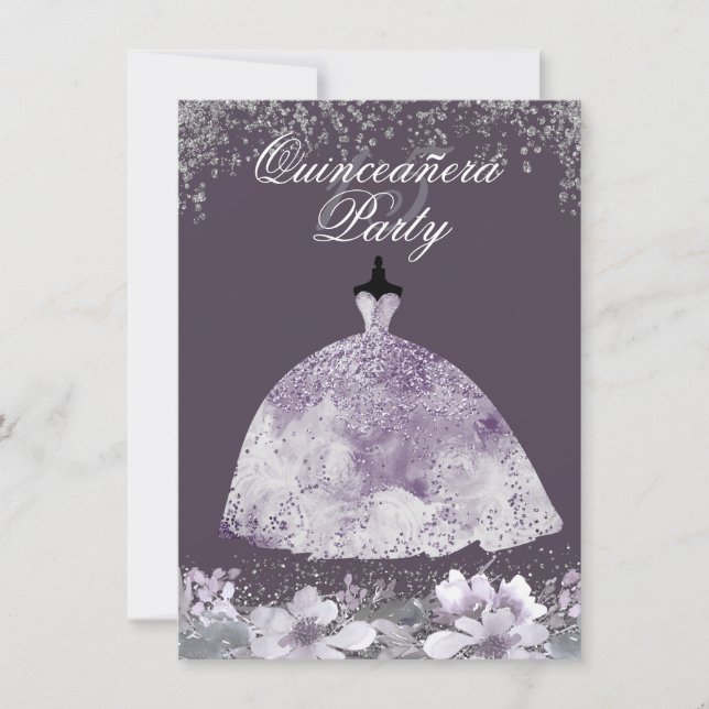 Purple Dress Glitter Dress Quinceanera Invite (Front)