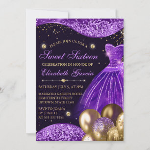 Purple Dress & Gold Glitter Balloons Sweet 16 Invitation