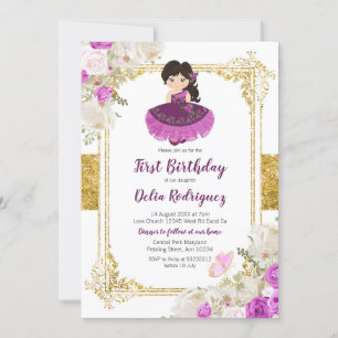 Purple Dress Mexican Girl First Birthday 1 Invitation
