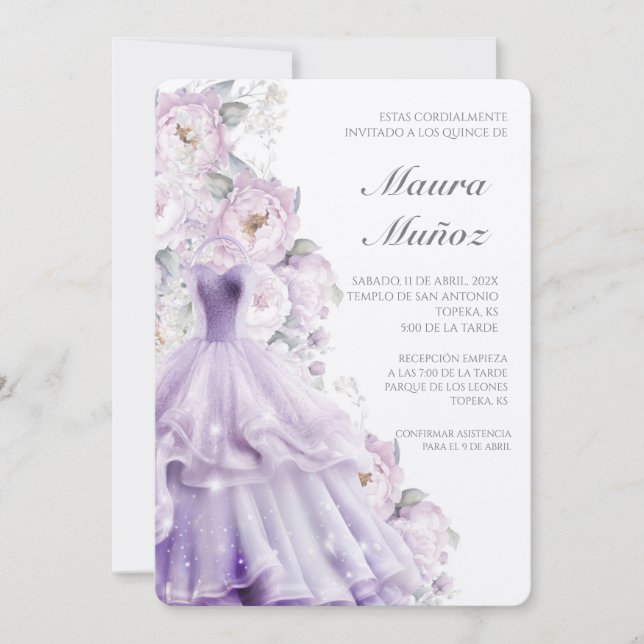 Purple dress quinceañera invitation  (Front)