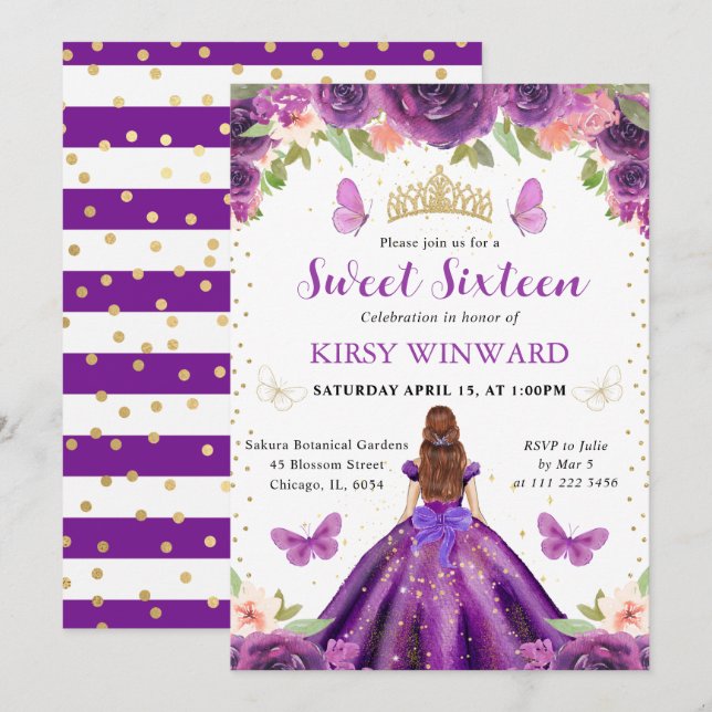 Purple Dress Red Haired Princess Sweet 16 Invitation (Front/Back)