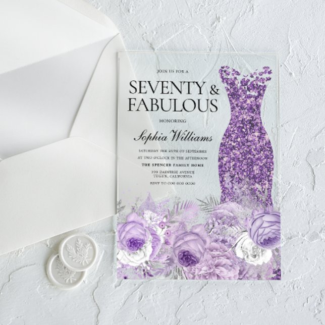 Purple Dress Seventy & Fabulous 70th Birthday Acrylic Invitations (Creator Uploaded)