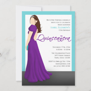 Purple Dress Tiara Turquoise Quinceañera Invitation