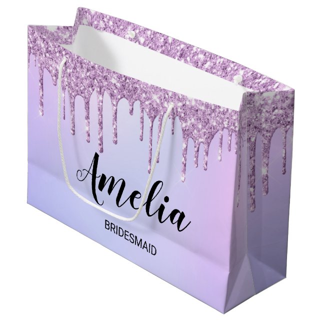 Purple drip glitter Personalised Bridesmaids   Large Gift Bag (Front Angled)
