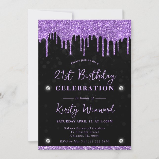 Purple Dripping Glitter Black Bokeh 21st Birthday Invitation (Front)