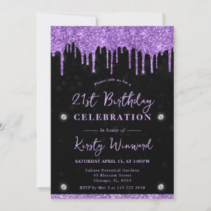Purple Dripping Glitter Black Bokeh 21st Birthday Invitation