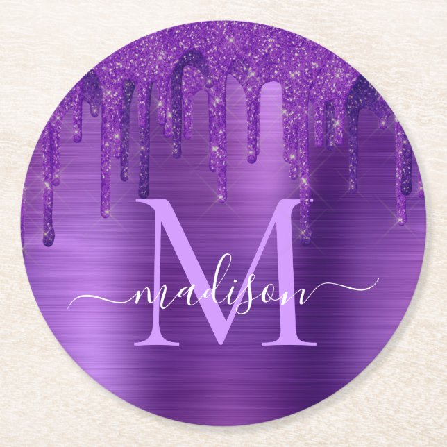Purple Dripping Glitter Brush Metal Monogram Round Paper Coaster (Front)