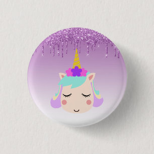 Purple Dripping Glitter Floral Unicorn 3 Cm Round Badge