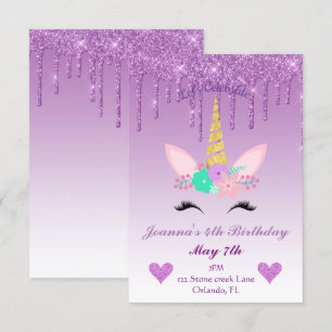 Purple Dripping Glitter/Floral Unicorn Birthday Invitation