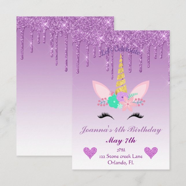 Purple Dripping Glitter/Floral Unicorn Birthday Invitation (Front/Back)