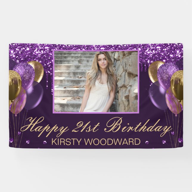 Purple Dripping Glitter & Gold Balloons Birthday Banner (Horizontal)