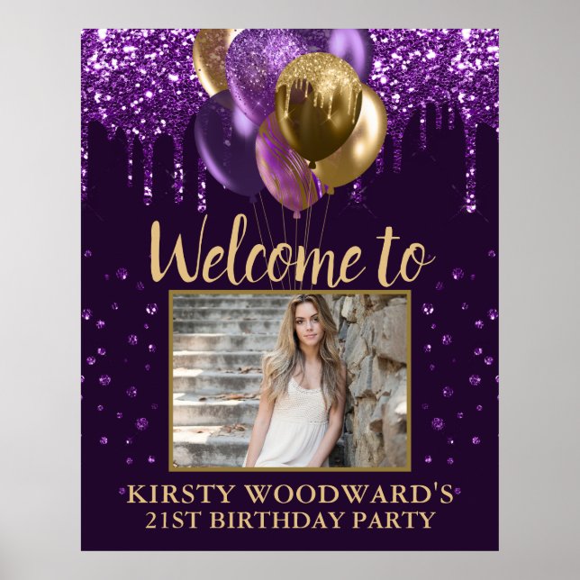 Purple Dripping Glitter & Gold Balloons Birthday Poster (Front)