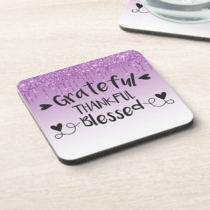 Purple Dripping Glitter/Grateful Thankful Blessed Coaster