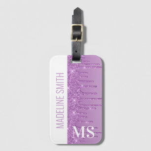Purple Dripping Glitter Monogram Luggage Tag