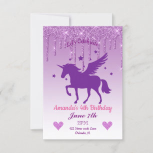 Purple Dripping Glitter/Purple Unicorn Birthday Invitation
