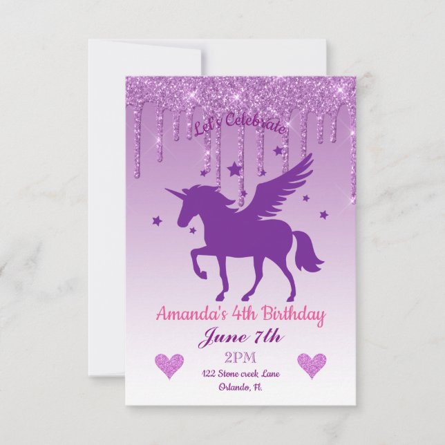 Purple Dripping Glitter/Purple Unicorn Birthday Invitation (Front)