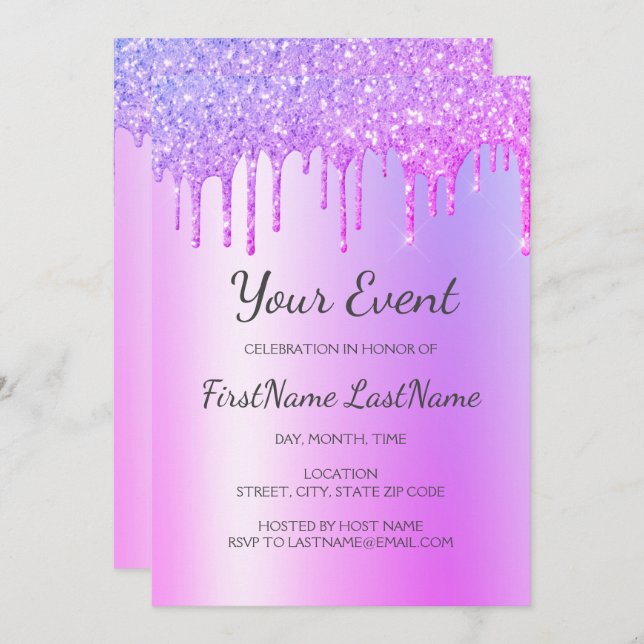 Purple Dripping Glitter Sweet 16 Bridal Shower Invitation (Front/Back)