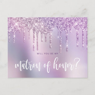 Purple drips will you be my matron of honour invitation postcard