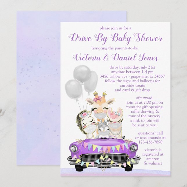 Purple Drive By Baby Shower Cute Animals in Car Invitation (Front/Back)