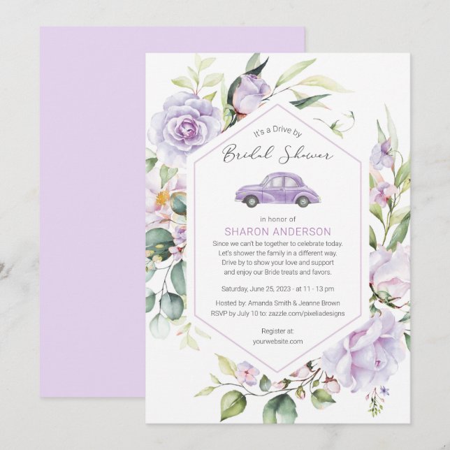 Purple Drive By Bridal Shower Floral Drive Through Invitation (Front/Back)