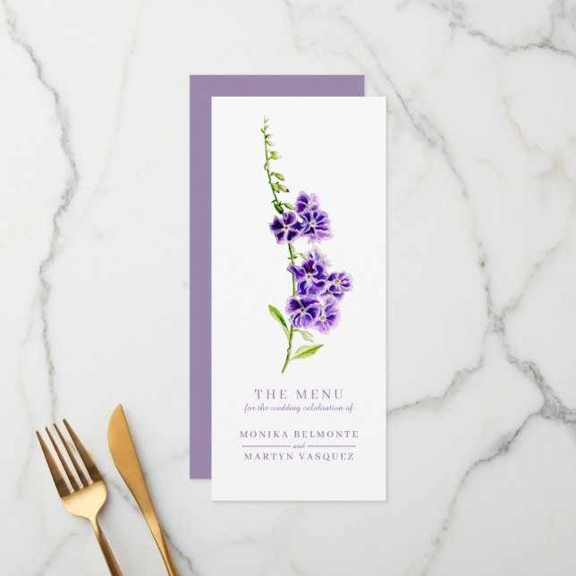 Purple duranta sky flower watercolor wedding menu (Front/Back In Situ)