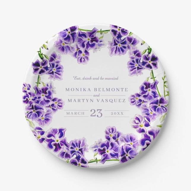 Purple duranta watercolor flower wedding paper plate (Front)
