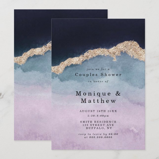 Purple Dusty Blue Agate Couple Shower Invitations (Front/Back)
