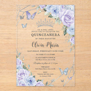 Purple Dusty Blue Floral Butterflies Quinceañera Acrylic Invitations