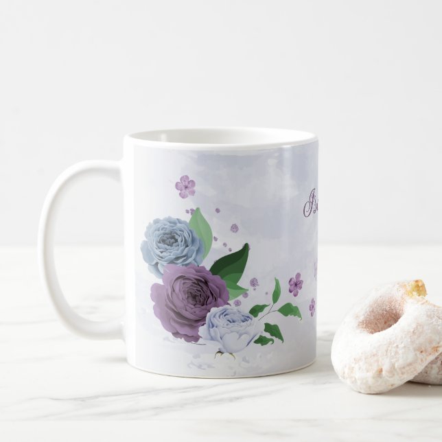 Purple dusty blue floral  coffee mug (With Donut)