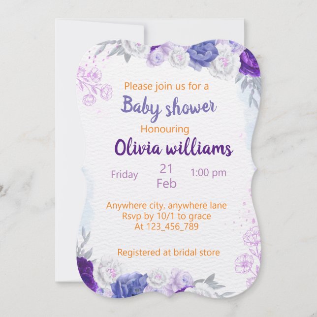 Purple Dusty blue Floral Delight for Baby Shower Invitation (Front)