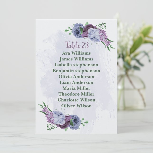 Purple dusty blue floral seating chart card (Standing Front)