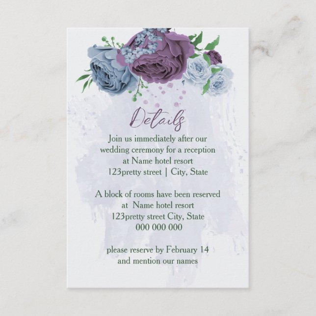Purple dusty blue floral wedding details enclosure card (Front)